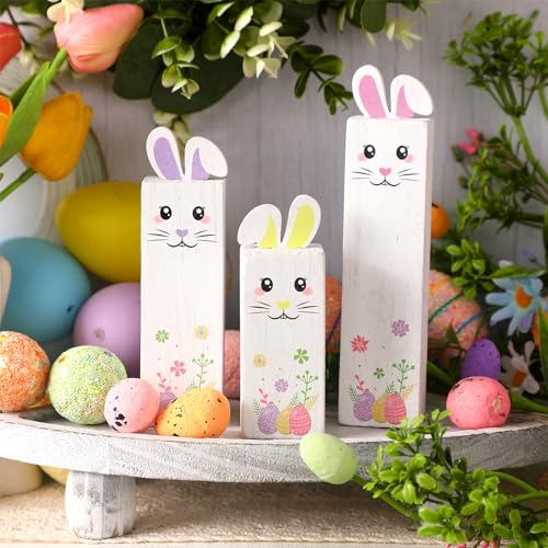 BBTO 3 Pcs Easter Table Decor Bunny Wooden Tiered Tray Decor Rabbit Tabletop Decoration Block Sign Table Centerpiece for Spring Home Decoration Home Shelf Office Kitchen Desk Party Supply(Bunny) - style: Bunny