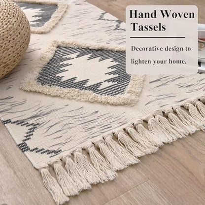 Boho Runner Rug, Washable Hallway Rug Runner Non Slip Rubber Backed, Kitchen Farmhouse Area Rug Floor Mat with Tassels, Tufted Woven Cotton Entryway Carpet (Grey, 2.3'x3.8') - color: Grey, size: 2'4" x 3'10" (Runner)