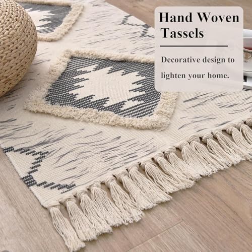 Boho Runner Rug, Washable Hallway Rug Runner Non Slip Rubber Backed, Kitchen Farmhouse Area Rug Floor Mat with Tassels, Tufted Woven Cotton Entryway Carpet (Grey, 2.3'x3.8') - color: Grey, size: 2'4" x 3'10" (Runner)