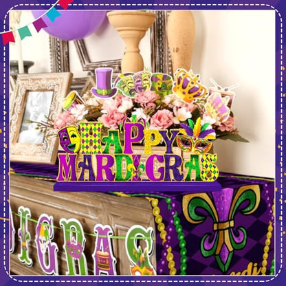 MiniInflat Happy Mardi Gras Metal Sign Carnival Table Decor New Orleans Tiered Tray Decor with Wooden Base Freestanding Metal Word Sign for Home Tabletop Centerpiece Mantel Shelf Fireplace - style: Happy Mardi Gras