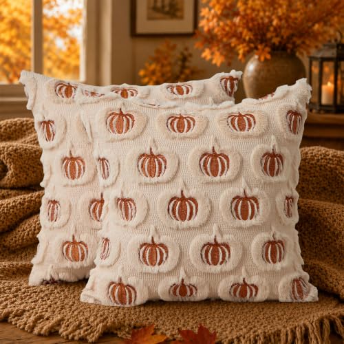 DFXSZ Fall Pillow Covers 18x18 Set of 2 Rust Pumpkins Embroidery Beige - color: Beige Rust Pumpkin, size: 18" x 18" (Pack of 2)