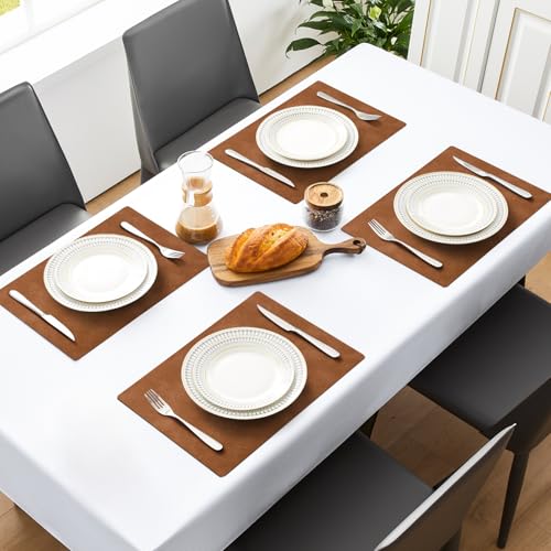 MOSAYT Fall Vinyl Faux Leather Placemats, Set of 6, Reddish Brown - color: Reddish Brown