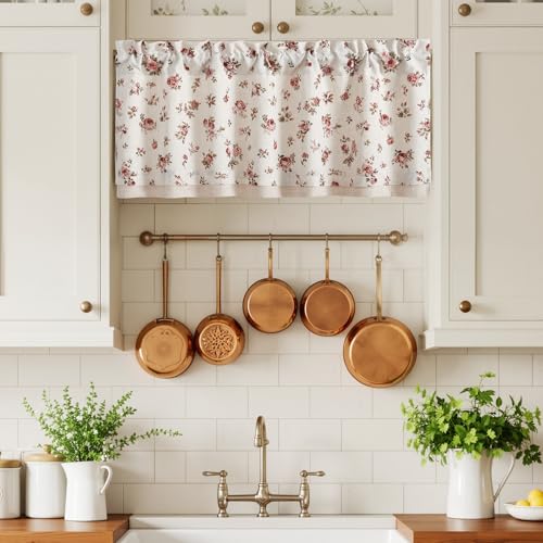 StangH Linen Valance Floral Kitchen Curtains, W52 x L18, 1 Panel - color: Dusty Rose