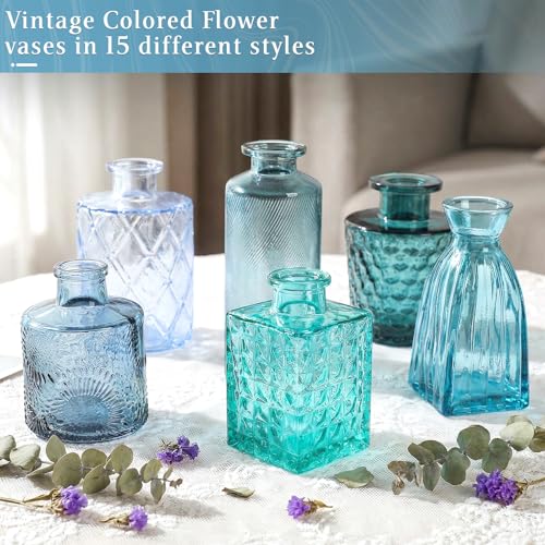 Set of 15 Blue Glass Bud Vases Small Textured Flower Vases - color: Blue