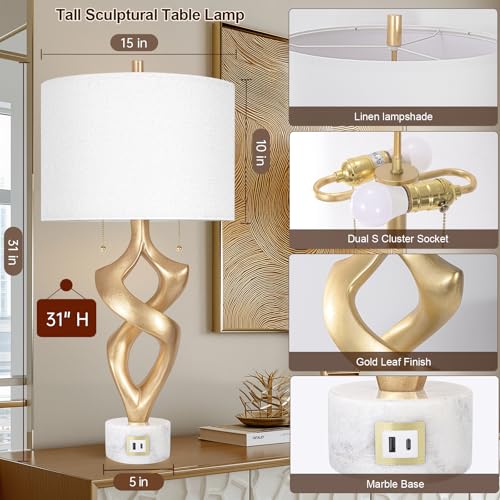 Scenekoy 31” Tall Sculptural Table Lamp Set of 2 with USB Ports for Bedroom - size: 31 inches Gold Leaf -028-SL