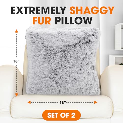 Cheer Collection Throw Pillows for Couch and Bed, Soft Shaggy Throw Pillows with Inserts Included, Cozy Long Hair Faux Fur Pillows - Set of 2-20" x 20" - Gray - color: Gray Ombre, size: 20" x 20"