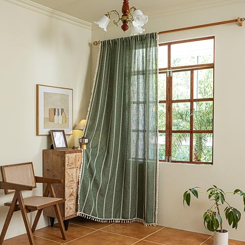 Sutuo Home Boho Kitchen Curtains with Beige Tassels, Semi Blackout Linen French Country Shabby Chic Window Treatment Bohemian Embroidery Knitted Drape, Rod Pocket 1 Panel 52" W x 63" L, Olive Green - color: Olive Green Stripes, size: 52"W x 63"L (Pack of