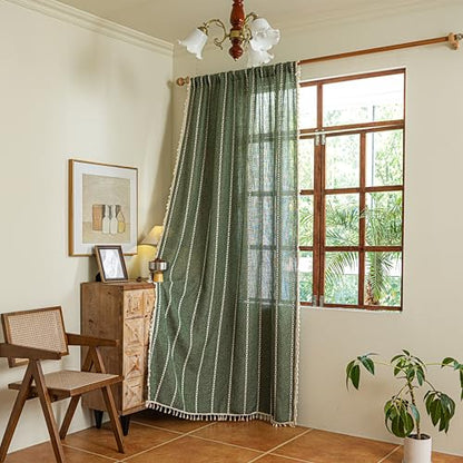 Sutuo Home Boho Kitchen Curtains with Beige Tassels, Semi Blackout Linen French Country Shabby Chic Window Treatment Bohemian Embroidery Knitted Drape, Rod Pocket 1 Panel 52" W x 63" L, Olive Green - color: Olive Green Stripes, size: 52"W x 63"L (Pack of