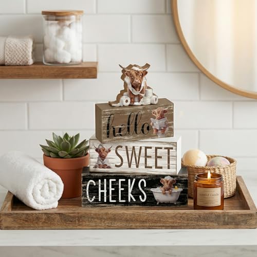 Britimes Tiered Tray Decor Set, 4 Pack, Wooden Table Signs, Highland Cow - style: Highland Cow