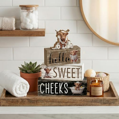 Britimes Tiered Tray Decor Set, 4 Pack, Wooden Table Signs, Highland Cow - style: Highland Cow