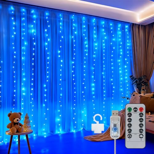 300LED Fairy Curtain Lights 9.8ft x 9.8ft LED Dimmable Twinkle Lights - color: Blue