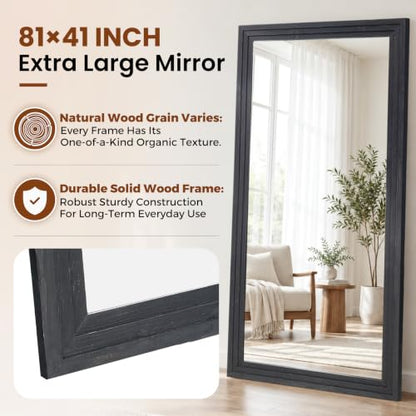 81x41in Full Length Mirror, 3-Tier Stepped Solid Wood Frame, Black - color: Black, size: 81"L x 41"W