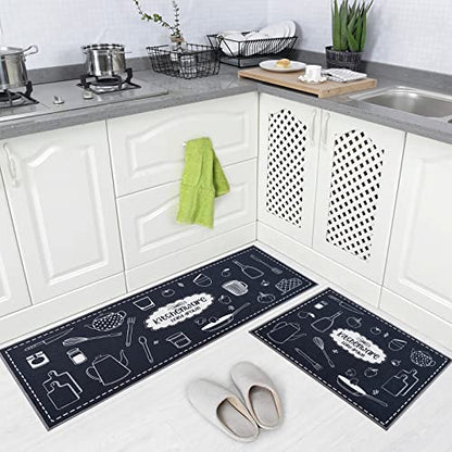 Carvapet 2 piece Washable Low Profile Runner Rug Set Kitchen Mats - color: Black Kitchenware