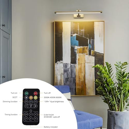 5W LED Wireless Picture Lights with Remote and Timer 23.6 Inch Rechargeable Brass Gallery Lighting Battery Operated Art Lights Over Frame Portrait - color: Battery Operated Brass, size: 24 Inch