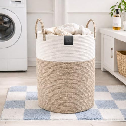 Large 58L Laundry Basket, Woven Rope Laundry Hamper with Reinforced Structure, Collapsible Clothes Storage Bin for Bedroom, Bathroom & Nursery, Durable Blanket & Toy Organizer