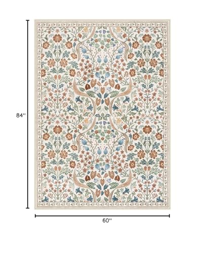Lahome Claude Floral 5x7 Beige Bedroom Rug, Non-Slip Washable Area Rugs for Nursery, Botanical Soft Boho Carpet Floor Mats for Kids, Playroom, Living Room - color: Beige, size: 5' x 7'
