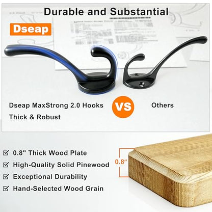 Dseap Coat Rack Wall: 24" Long, Patented, Heavy-Duty, 6-Double-Hooks Wooden Wall Mounted Coat Rack Coat Hanger Hook Rail for Winter Coats Hat Jacket Clothing, Natural & Black - color: Natural & Black, size: L=24"(1pcs)