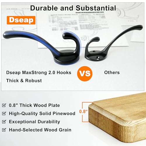 Dseap Wall Mounted Coat Rack: 38-1/4" Long, Patented, Heavy-Duty, 10-Double-Hooks Wooden Hanger Rail for Winter Coats, Hats, Jackets, Clothing - Natural & Black, Pack of 2 - color: Natural & Black, size: L=38.3"(2pcs)