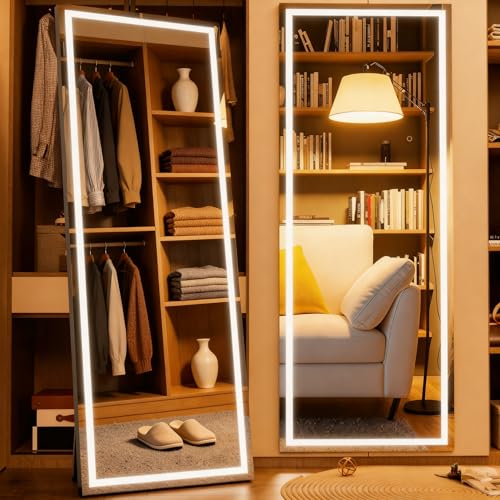 70" x 23" Full Length Mirror with Lights, LED Lighted Floor Standing Body Mirror, Dimmable & 3 Color Lighting for Bedroom, Cloakroom, Dressing Room, Tempered Glass, Black Frame - color: Black, size: 73"L x 25.4"W