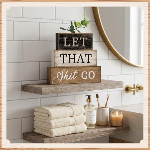 Moucuny 4 Pcs Wooden Block Signs Farmhouse Table Decoration for Bathroom - style: Bathroom