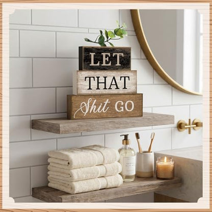 Moucuny 4 Pcs Wooden Block Signs Farmhouse Table Decoration for Bathroom - style: Bathroom