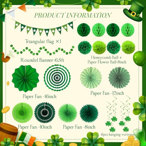 24 Pcs Green Birthday Decorations Kit, Paper Fans Pom Poms Banner 8-16 in - color: Green 2