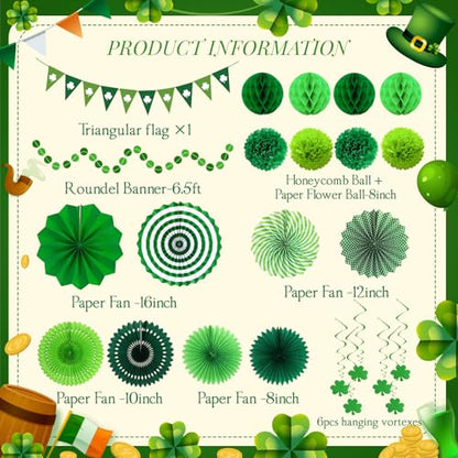 24 Pcs Green Birthday Decorations Kit, Paper Fans Pom Poms Banner 8-16 in - color: Green 2