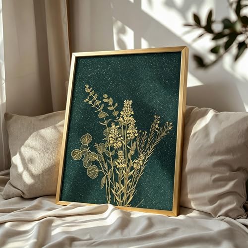 YBYBEST 12x16 Hand-Painted Gilded Wall Art - 3D Textured Emerald Green Mixed Botanical Stems, Modern Non-Canvas Framed Decor for Executive Office, Entryway and Foyer - color: Emerald Green & Gold3-12*16, size: 16"L x 12"W