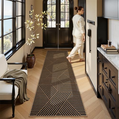 Lahome Modern Black and Brown Runner Rug, 2x8 Entryway Runner Rug Non Slip - color: Black/Nature Geometric-2, size: 2'6" x 8' (Runner)