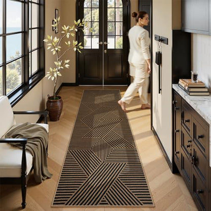 Lahome Modern Black and Brown Runner Rug, 2x8 Entryway Runner Rug Non Slip - color: Black/Nature Geometric-2, size: 2'6" x 8' (Runner)