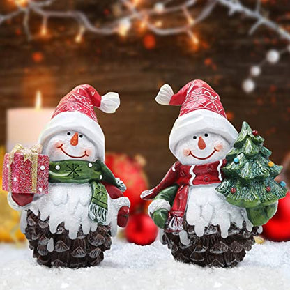 Hodao 2 PCS Christmas Pine Cone Snowman Decoration, Winter Snowman Figurine - color: White-brown