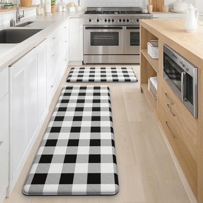 MAYHMYO 2PC Kitchen Mats for Floor,Buffalo Plaid Kitchen Rugs Anti Fatigue - color: Black