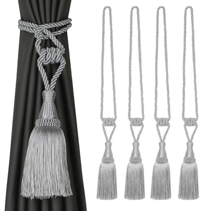 BEL AVENIR 4 Pack Tassel Curtain Tiebacks Handmade Holdbacks (Silver) - color: Silver, size: 4 Pack