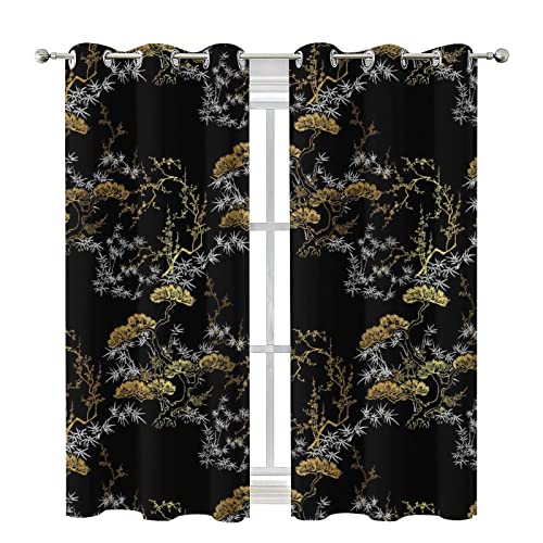 Cool Japanese Grommet Blackout Curtains for Living Room,Room Darkening Modern Black Gold Japanese Chinese Pine Pattern Window Drapes,2 Panels 45L x 21W - color: Cool Japanese, size: 42"W x 45"L (Pack of 1)