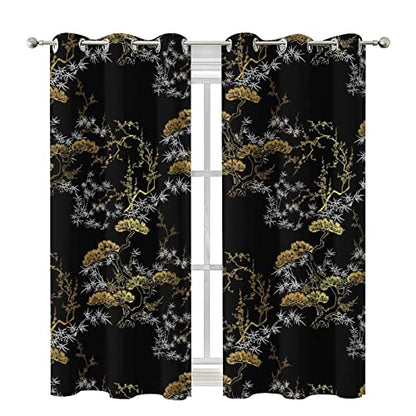 Cool Japanese Grommet Blackout Curtains for Living Room,Room Darkening Modern Black Gold Japanese Chinese Pine Pattern Window Drapes,2 Panels 45L x 21W - color: Cool Japanese, size: 42"W x 45"L (Pack of 1)