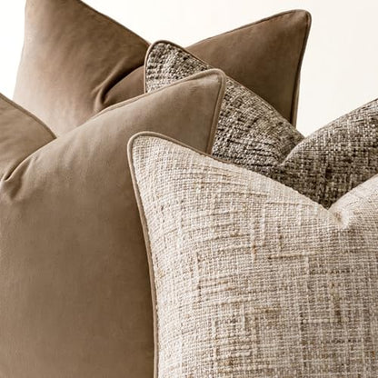 a moment Neutral Khaki Brown 4 Pack Throw Pillow Covers - Chenille & Velvet Set with Piping, Farmhouse Textured Design Pillow Cases for Couch Sofa Bed Livingroom (16x16 Inch, No Insert) - color: Neutral Khaki Brown, size: 16" x 16" (Pack of 4)