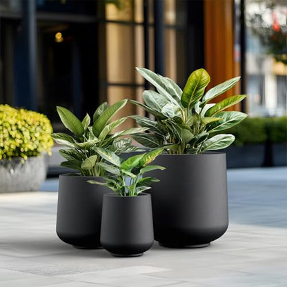 Kante Round Concrete Planter Set of 3-9.4"/13"/16.5" Dia Barrel-Style Garden Pots with Drainage Hole for Flowers and Trees (7.1"/10.2"/13.8" Opening), Black - color: Black, size: 16.5"+13"+9.4" D