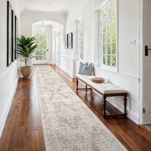 2'6"x16 Washable Long Runner Rug: Vintage Non Slip Hallway Rug IvoryBeige - color: Ivory/Beige, size: 2'6" x 16' (Runner)