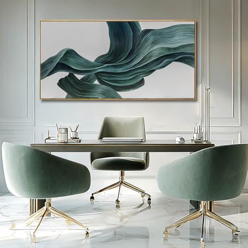 Green Abstract Canvas Wall Art 29x58 Inch, Large Framed Artwork with Wooden Frame, Pictures for Bedroom Wall Decor, Contemporary Fluid Brush Painting for Living Room Dining Room or Hallway - color: Teal Green & White, size: 58"L x 29"W