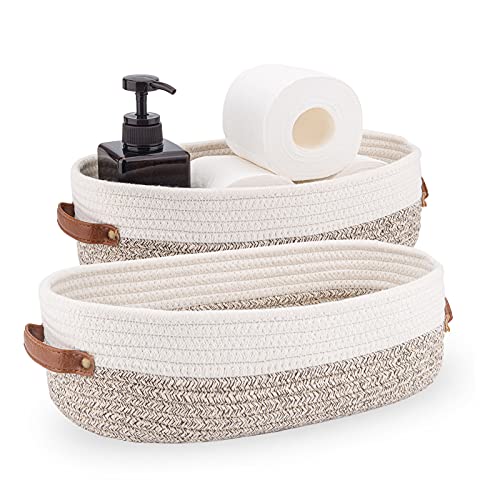 2 Pack Woven Storage Basket for Toilet Tank Top,Farmhouse Home Decor Organizing Basket for Bathroom,Table and Counter 13"x5.9"x4" Apricot Stitching White - color: 2 pack Apricot Stitching White