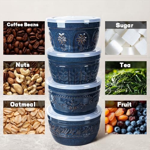 Artena Meal Prep Containers 22 OZ, 4 Pack Snack Containers, Reusable Food Storage Containers With Lids For Soup Yogurt Oatmeal Lunch Breakfast, Ceramic Cereal Bowls (Blue, Damask Floral) - size: 5.15 inch (Damask Floral, Blue)
