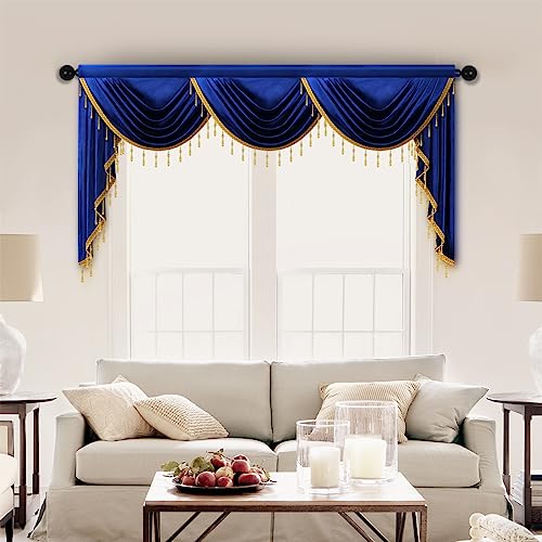 ELKCA Luxury Royal Blue Velvet Curtain Valances for Living Room with Beads(98inch,1 Panel) - color: Royal Blue, size: 98"W x 43"L (Pack of 1)