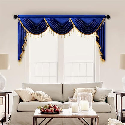 ELKCA Luxury Royal Blue Velvet Curtain Valances for Living Room with Beads(98inch,1 Panel) - color: Royal Blue, size: 98"W x 43"L (Pack of 1)