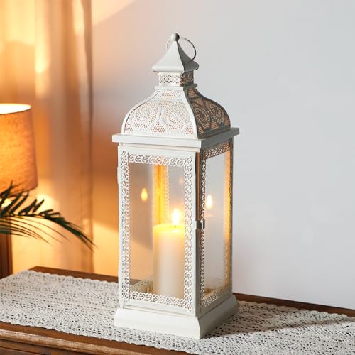 TRIROCKS Rustic Style Metal Candle Lantern 19'' High Decorative Hanging Lantern Candle Holder with Tempered Glass for Christmas Living Room Garden Yard Patio Parties Events Indoors Outdoors(Cream) - color: Cream, size: 19''H