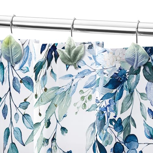 Blue Plant Leaf Shower Curtain Hooks,Eucalyptus Bathroom Decor,12PCS - color: Blue