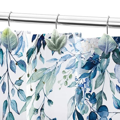 Blue Plant Leaf Shower Curtain Hooks,Eucalyptus Bathroom Decor,12PCS - color: Blue