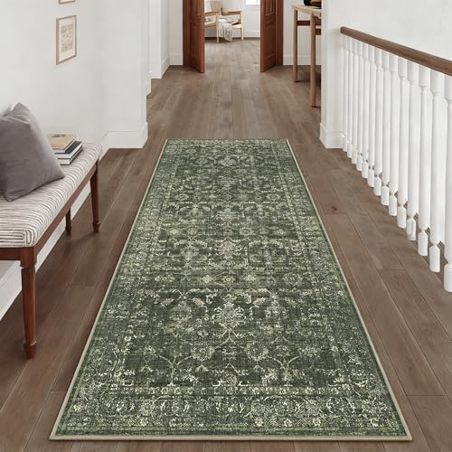 3x7 Washable Kitchen Runner Rug Non-Slip Boho Dark Green Throw Carpet - color: Dark Green, size: 3' x 7' (Runner)