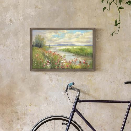 HILL WEST Countryside Stream Rustic Landscape Framed Wall Art, 24x16inch - color: Stream, size: 24"L x 16"W