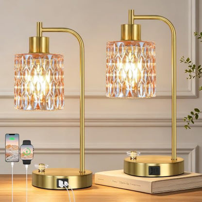Table Lamps Set of 2, Champagne Glass Dimmable Bedside Lamps for Bedroom - color: Gold&‎Champagne-3