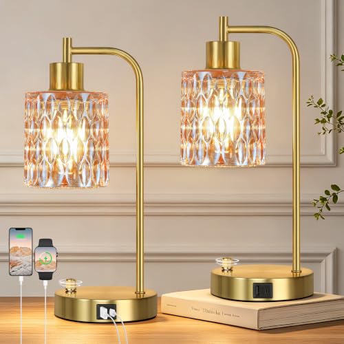 Table Lamps Set of 2, Champagne Glass Dimmable Bedside Lamps for Bedroom - color: Gold&‎Champagne-3